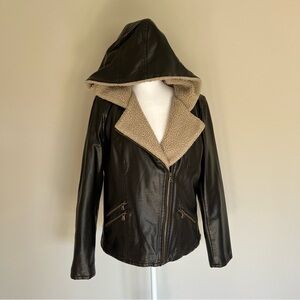 Levi's Brown Faux Leather and Sherpa Moto Jacket with Hood, Size Large
